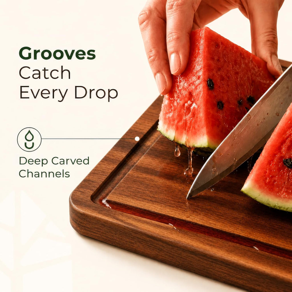 Acacia Wood Cutting Board Set of 3 with Holder, Juice Grooves & Built-in Handles - Durable, Wooden Cutting Boards for