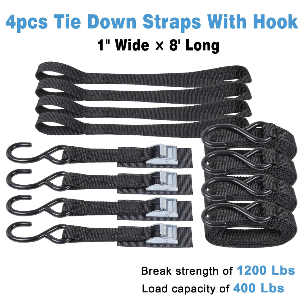 Cam Buckle Tie Down Straps with Hook 1" x 8' with Extra Soft Loops