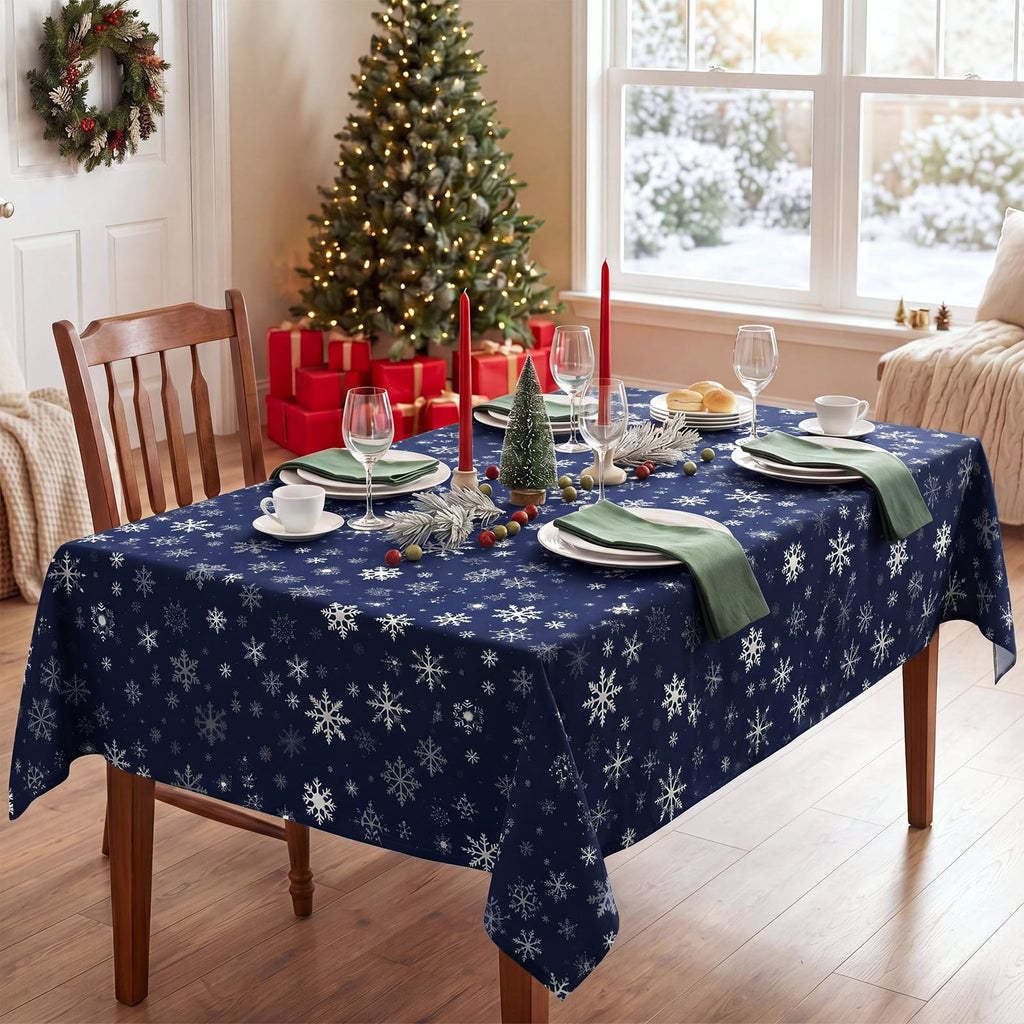 Christmas Tablecloth 60 x 84 Inch, Navy Blue Snowflake Rectangle