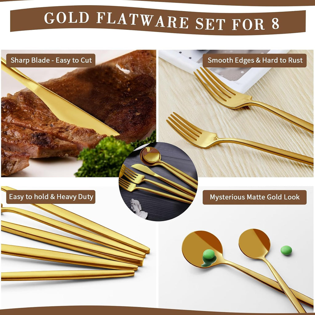 40-Piece Gold Silverware Set for 8, Stainless Steel Flatware Set