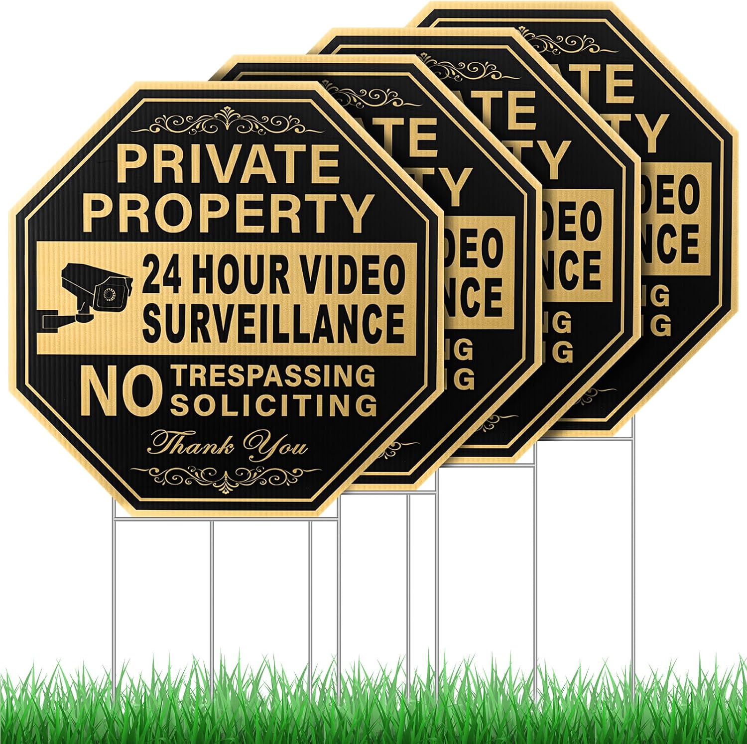 4 Pcs Private Property No Trespassing No Soliciting Yard Sign 12 x 12 Inches 24 Hours Video Surveillance Sign with