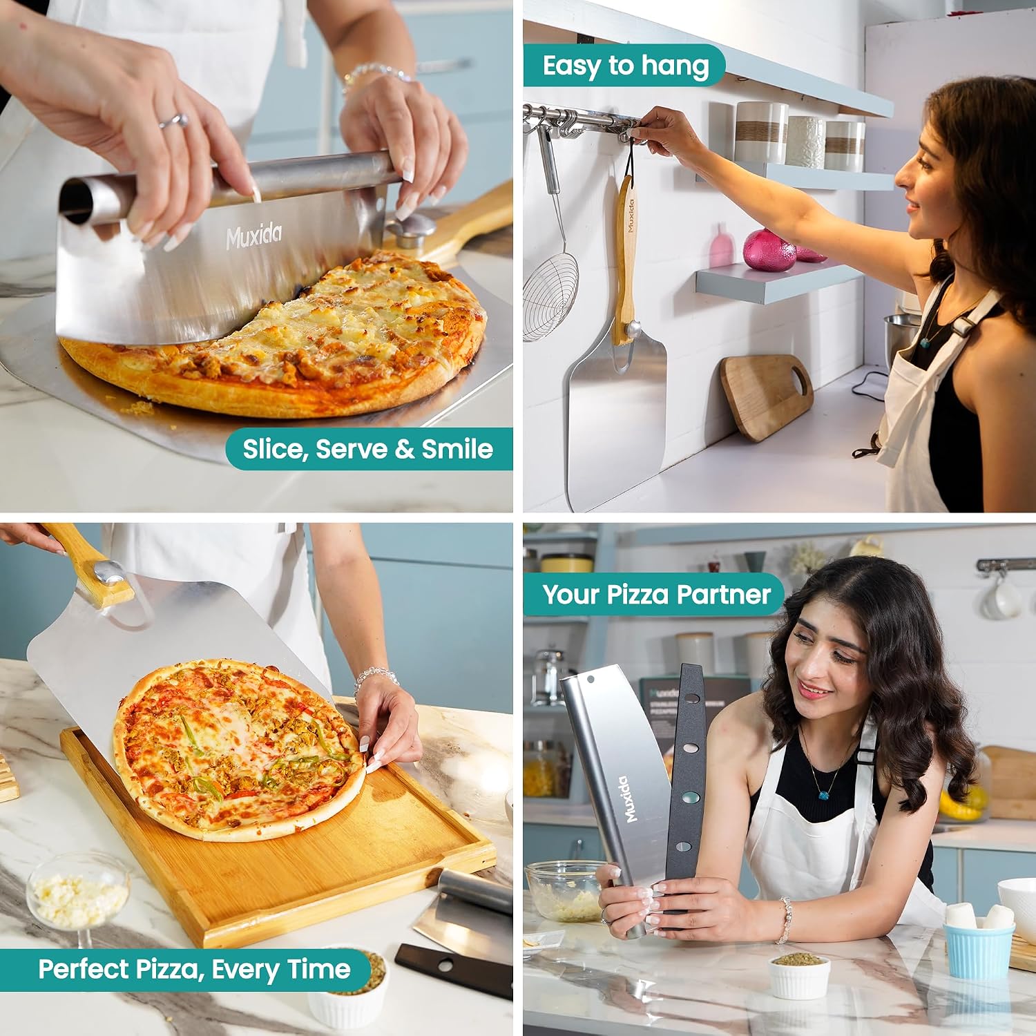 Aluminum Pizza Peel & Rocker Cutter Set (12" x 14") Premium Stainless Steel Pizza Paddle with Foldable Wooden Handle