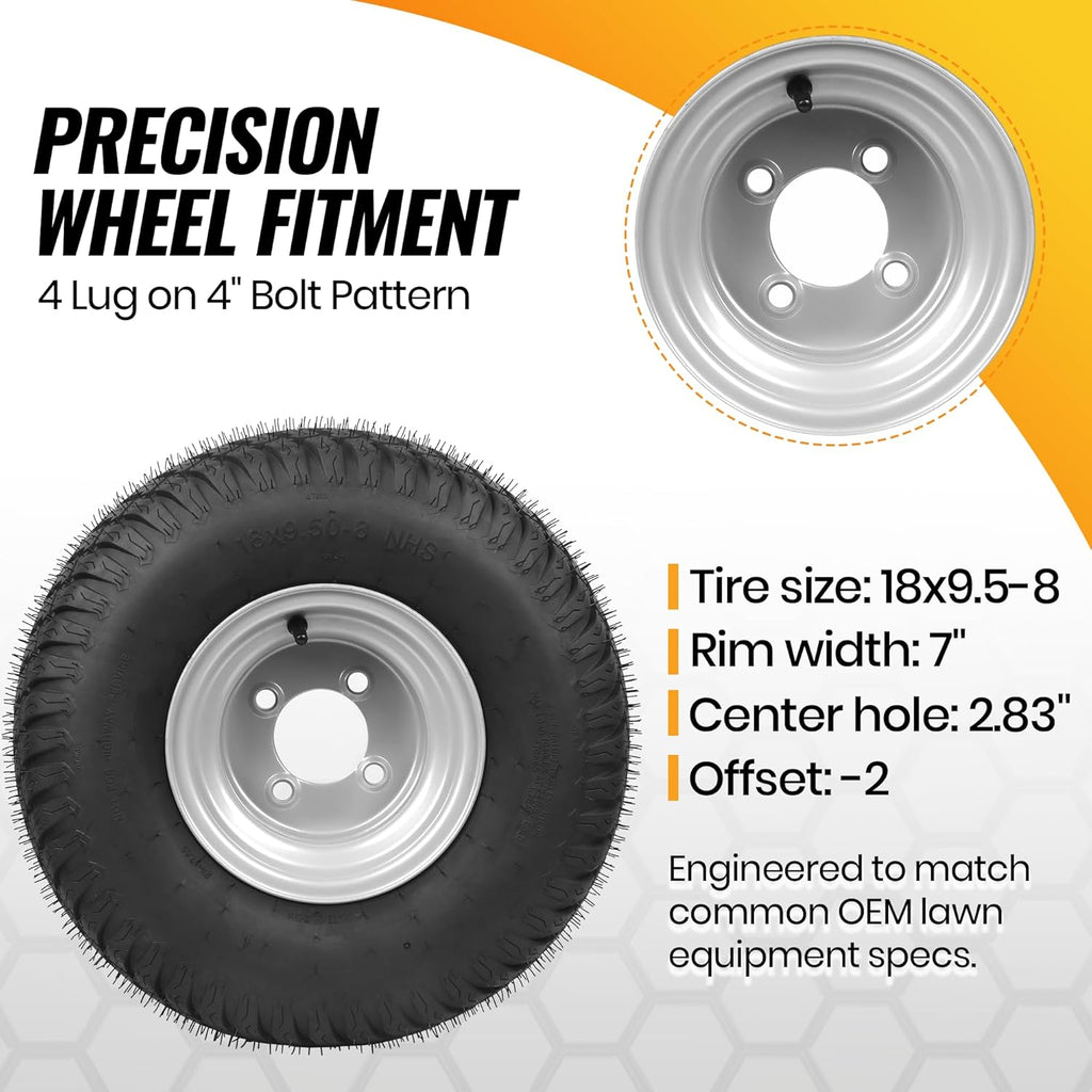 2-Pack 18x9.5-8 Lawn Mower Tire and Wheel Assembly, 4-Ply Tubeless Turf Tires on Silver Rim, 4 Lug 4" Bolt Pattern