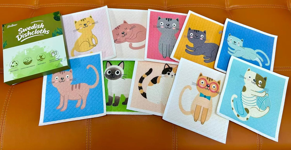 Swedish Dishcloths for Kitchen Reusable,Cat,10 Packs