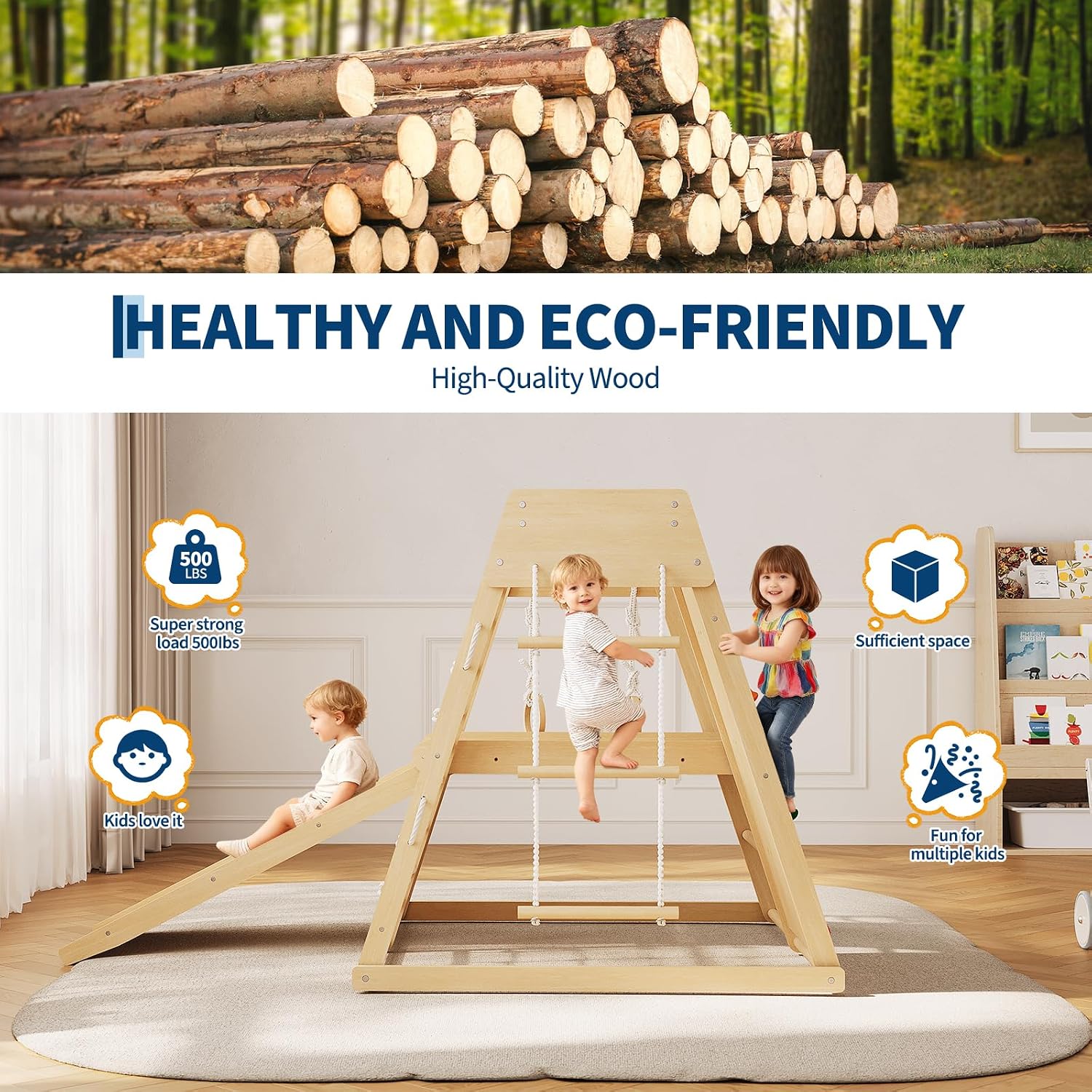 6-in-1 Indoor Playground Jungle Gym Kids Climbing Toys, Wooden Climber Playset with Slide, Climbing Rock, Monkey