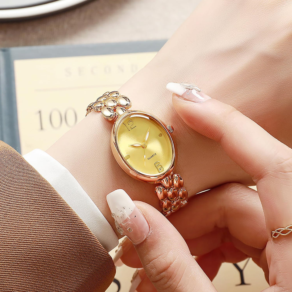 Women’s Oval Bracelet Watch – Minimalist Beaded Link Watch, Lightweight Oval Dial, Quartz Analog Timepiece
