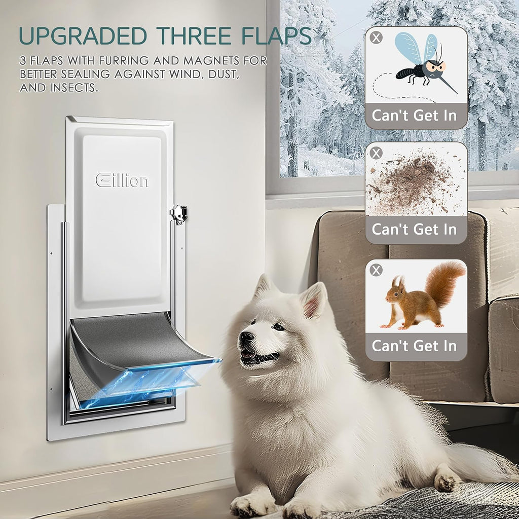 3-Flap Pet Door for Wall Dog Door for Wall Exterior, Large Doggie Door, All-Metal Frame, Metal Closing Panel and