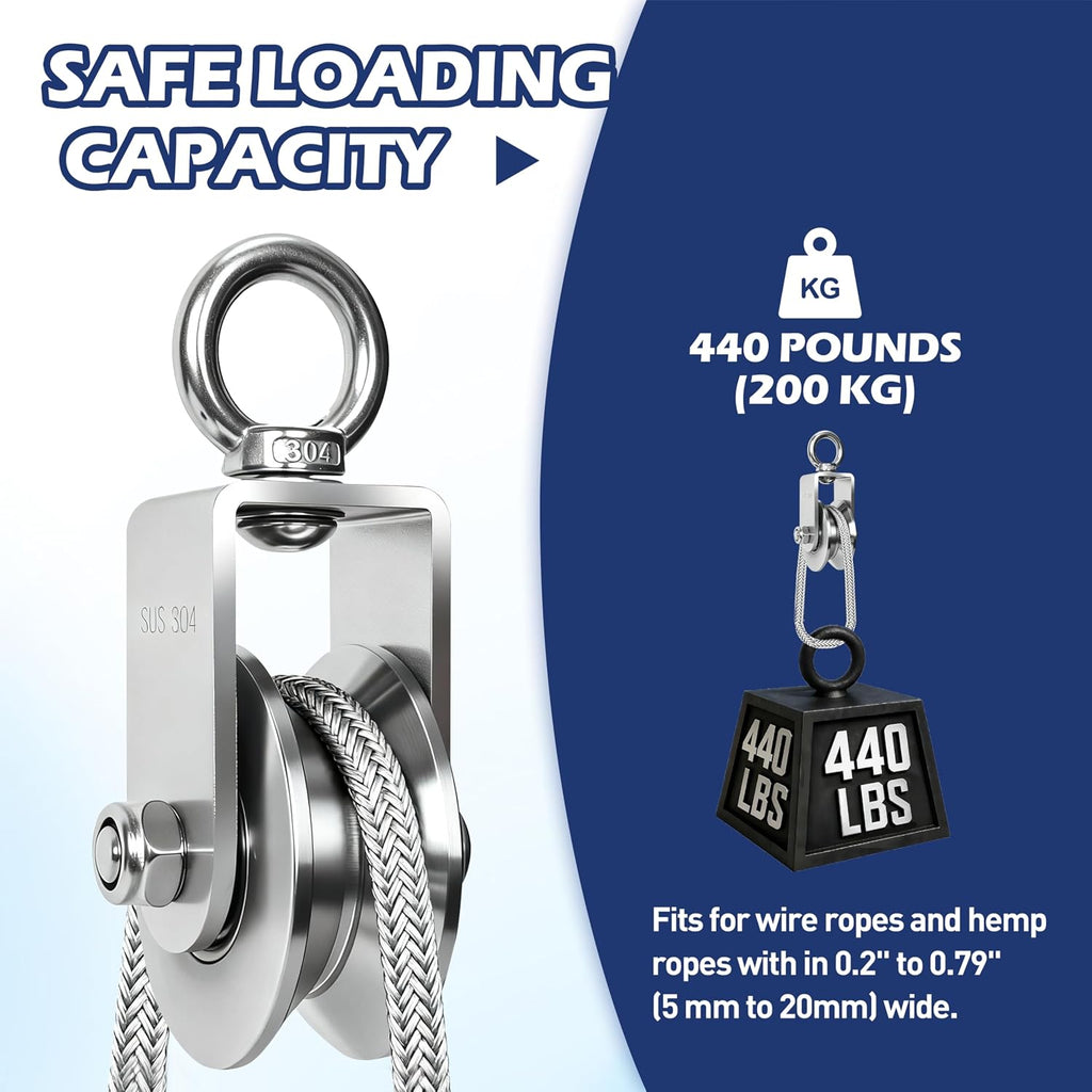 1 Pack 48mm U Groove Cable Pulley Wheel,304 Stainless Steel Swivel Pulley