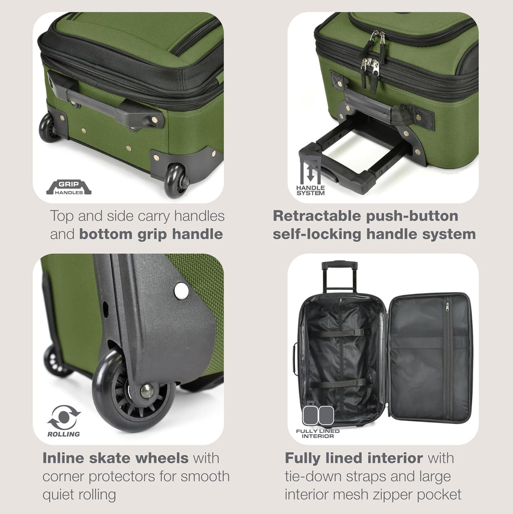 Rio Lightweight Softside Rolling Carry-on Suitcase, 2-Wheel Single, Green