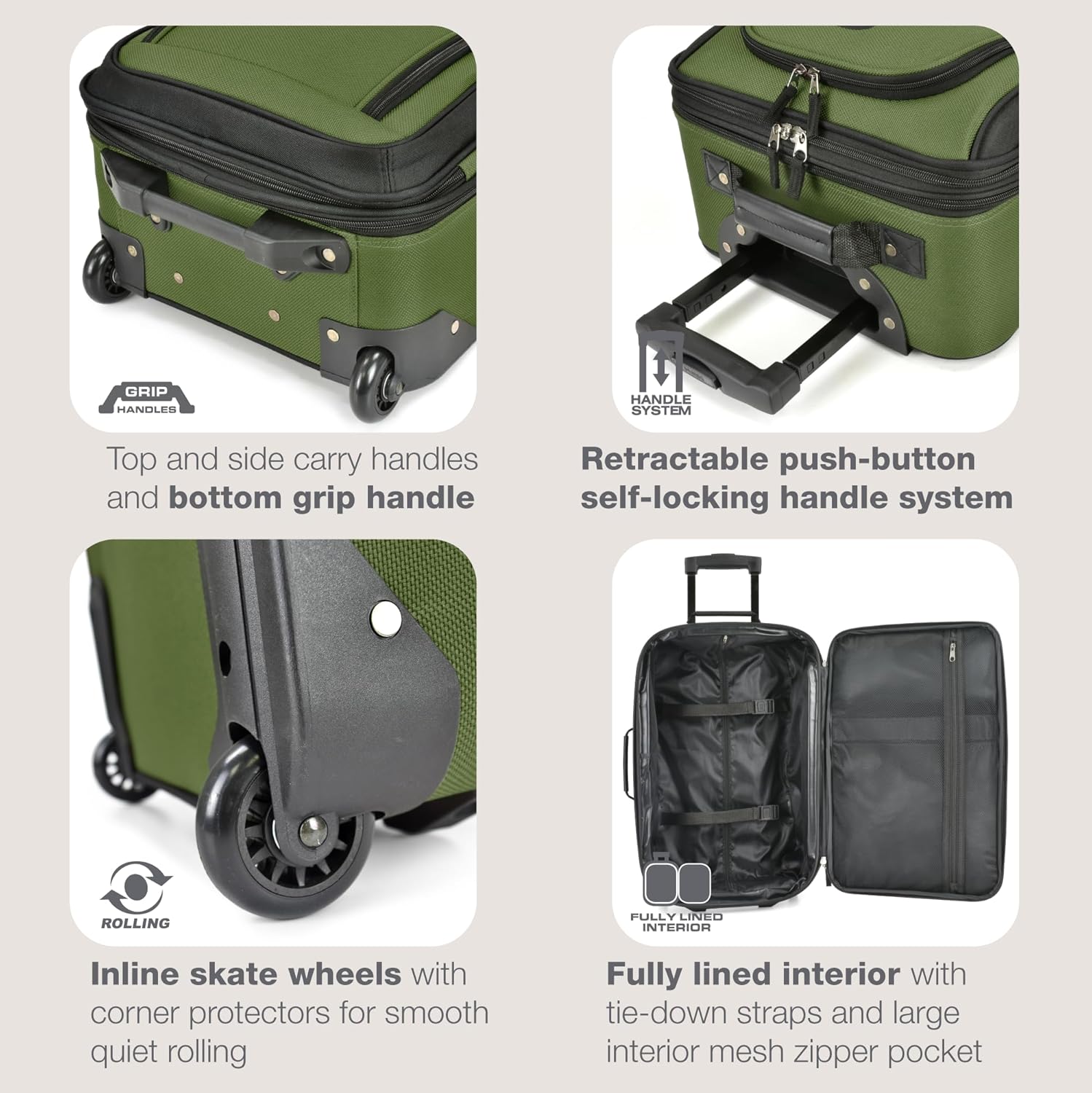 Rio Lightweight Softside Rolling Carry-on Suitcase, 2-Wheel Single, Green