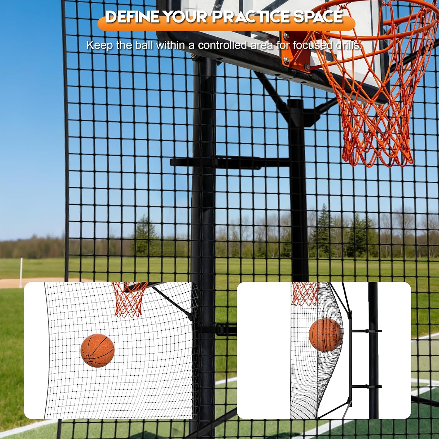 Basketball Rebounder Net, Heavy-Duty Steel Frame Basketball Return Net Catcher Backstop Nets Basketball Return
