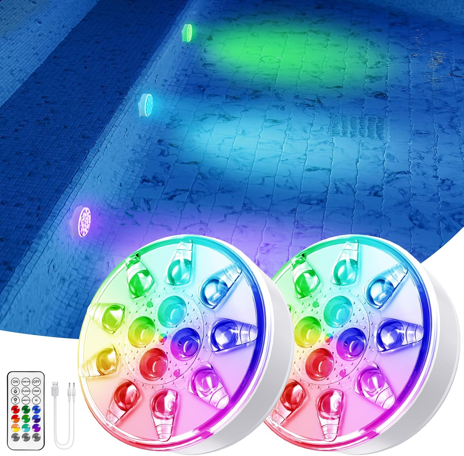 Pool Lights - 2 Pack, Rechargeable Submersible LED Pool Lights with Remote, IP68 Waterproof Underwater Pool Decor