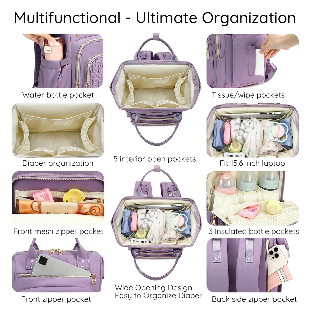 Large Diaper Bag Backpack, Extra Wide Travel Diaper Bag, Purple