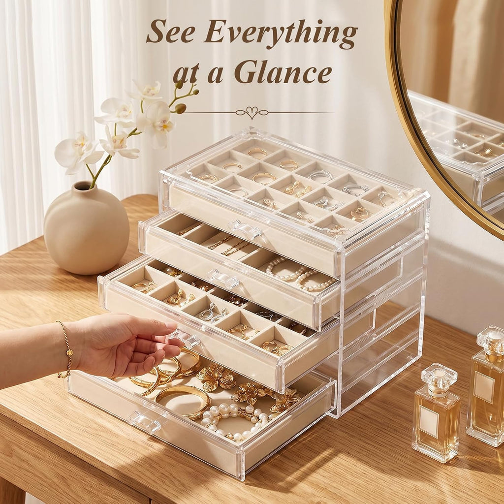 Clear Jewelry Box with 4 Drawers,Acrylic Jewelry Organizers and Storage with Velvet Trays,Earring Holder Organizer