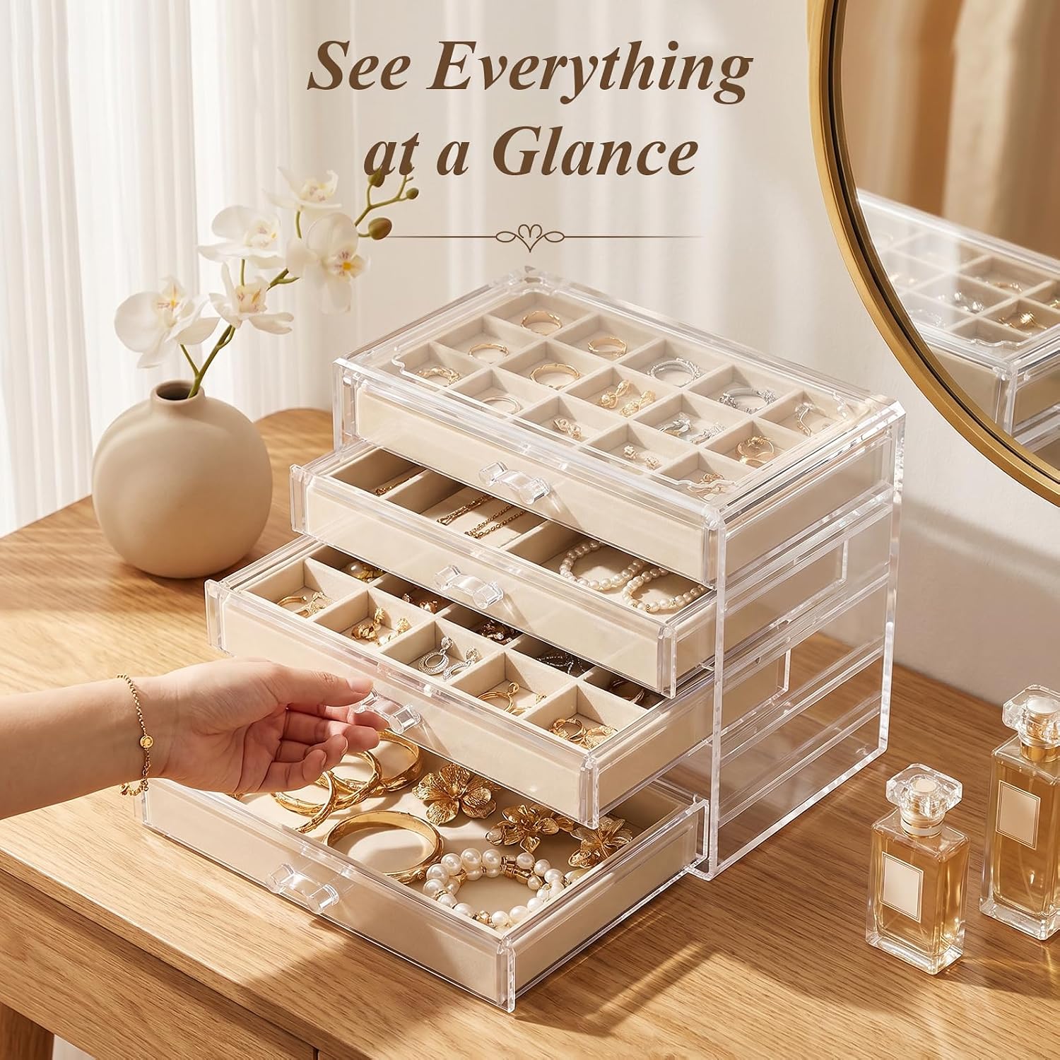 Clear Jewelry Box with 4 Drawers,Acrylic Jewelry Organizers and Storage with Velvet Trays,Earring Holder Organizer