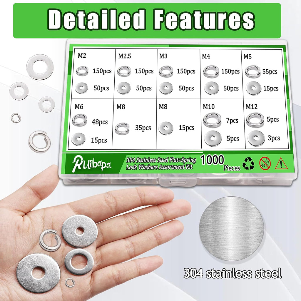 1000Pcs Flat Washer and Spring Lock Washers Assortment Kit,9 Metric Sizes