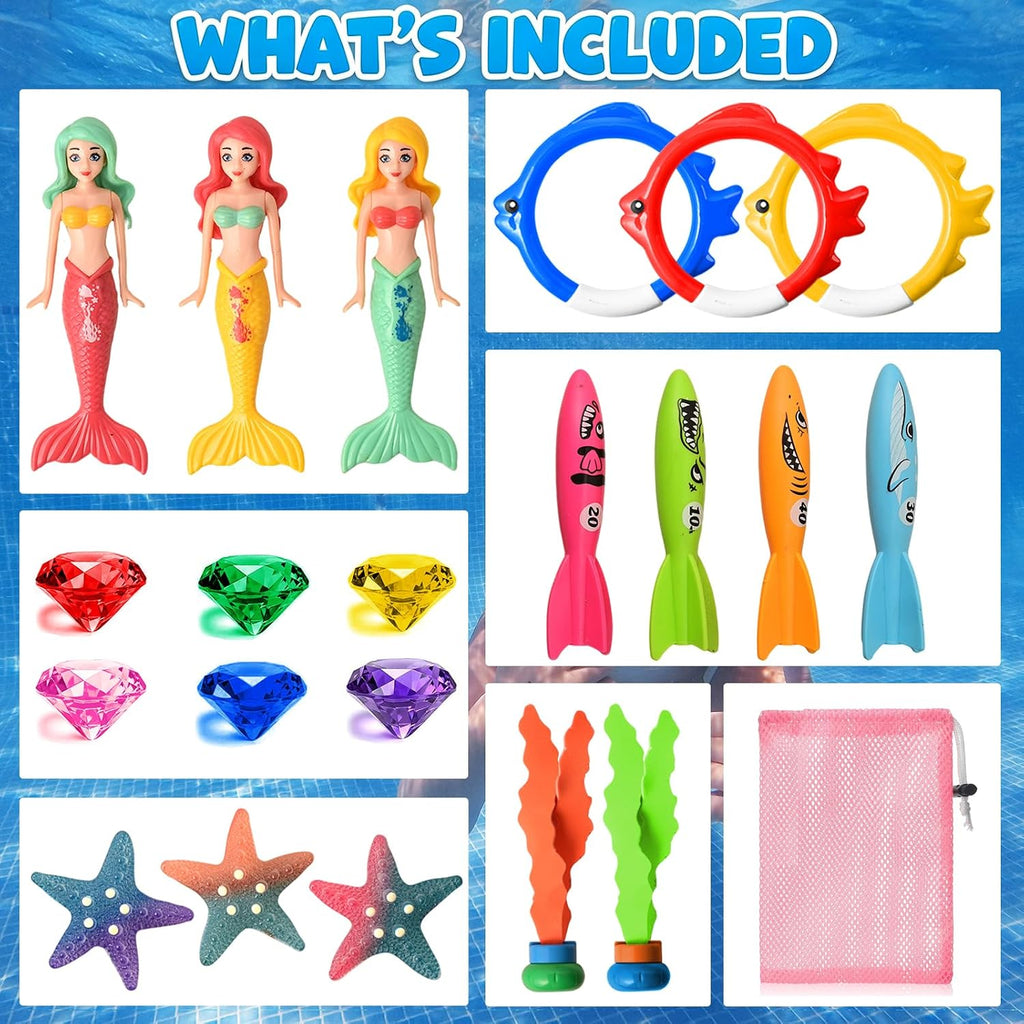 Pool Diving Toys for Kids, Summer Swim Water Toys for Boys Girls, Mermaid, Colourful Torpedos, Diving Rings, Starfish