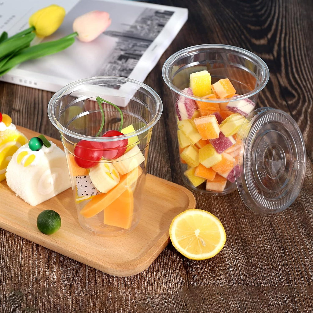 Plastic Cups with Flat Lids 100 Sets 16 oz, Clear Crystal drink cups with lids