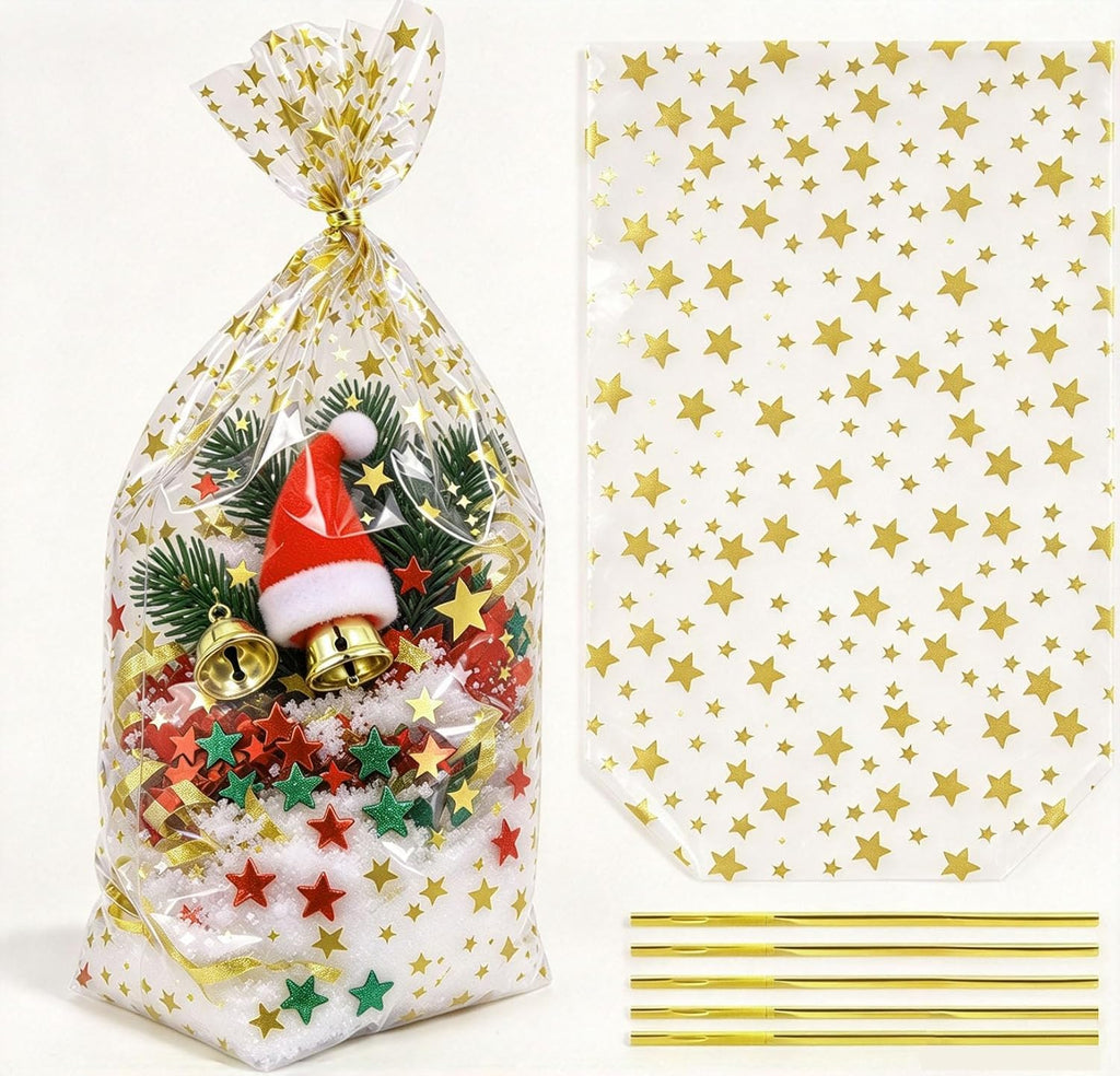 Gold Star Flat Bottom Gusset Cellophane Bags 5X 11 IN 100 PCS Clear Cellophane Gift Bags Party Favor Bags Cello