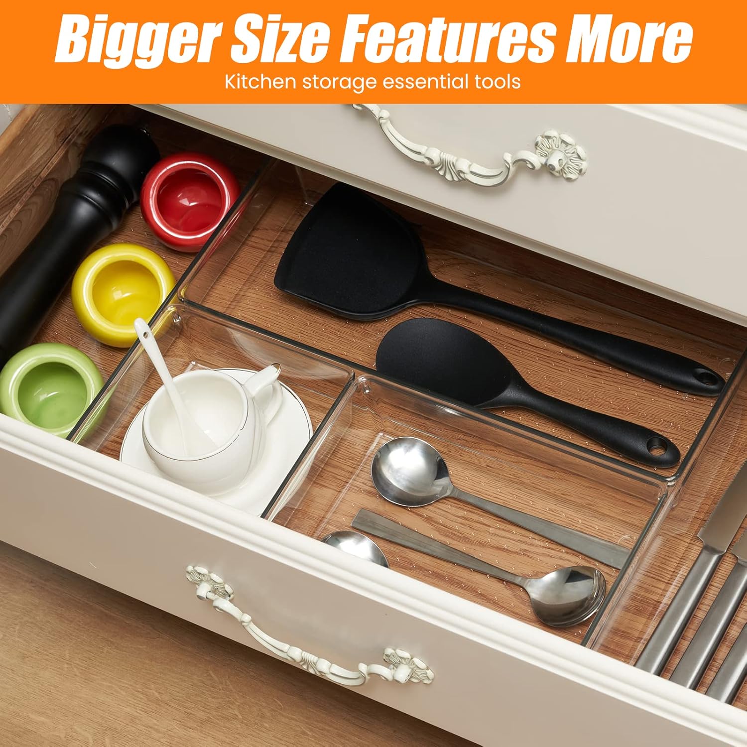 6 Pcs Large Size Clear Drawer Organizer Set, Acrylic Non Slip Non Cracking Kitchen Drawer Storage Tray Divider