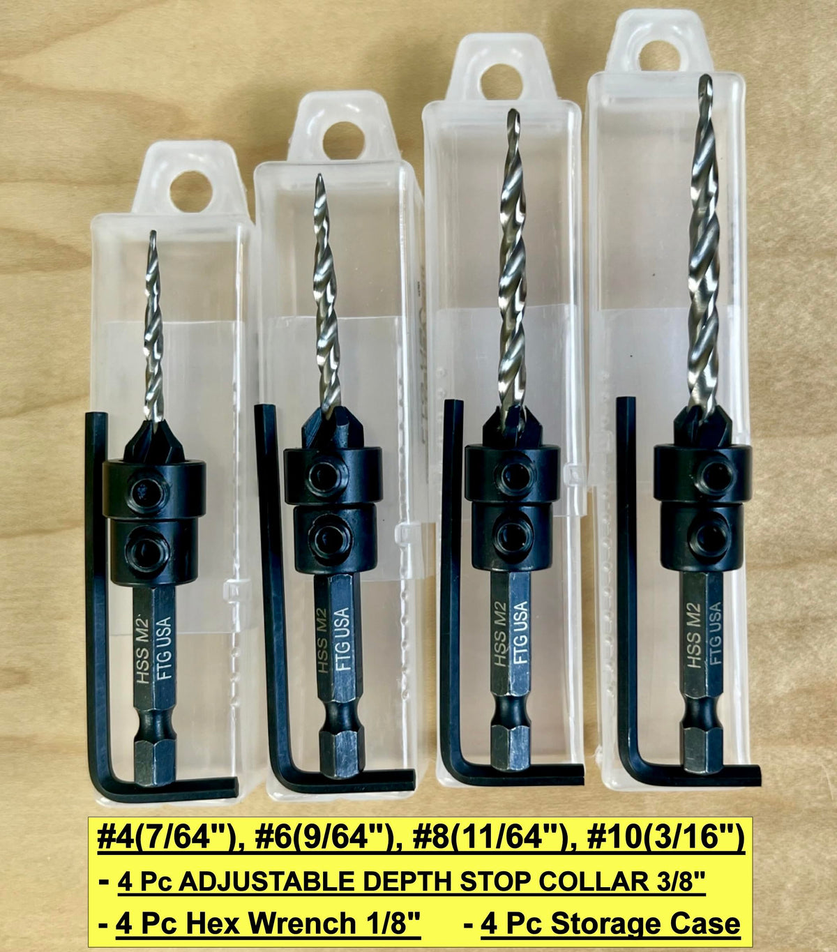 FTG USA 4 Pc #4#6#8#10 Countersink Drill Bit Set with Tapered Drill Bits