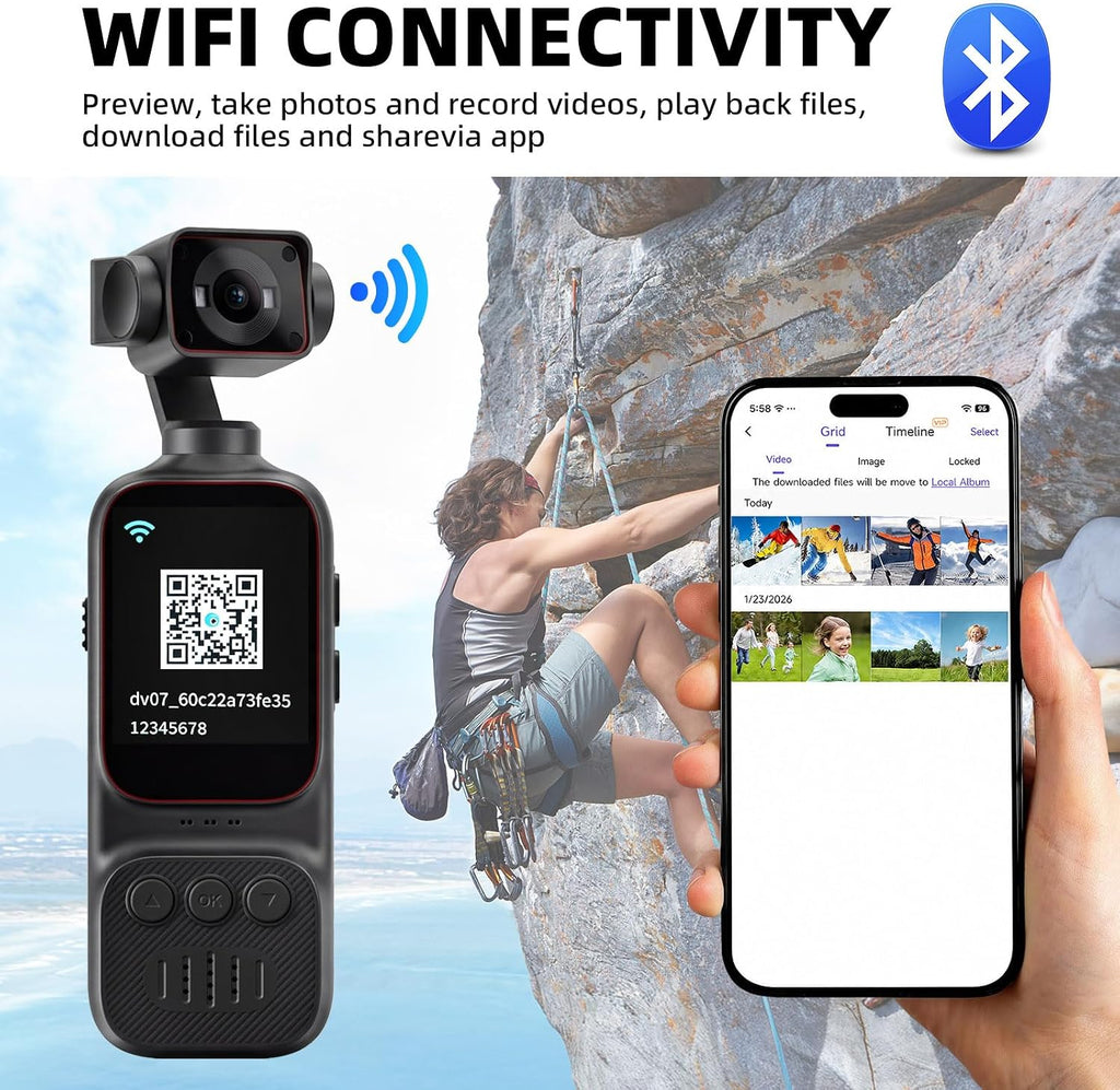 4K HD Pocket Handheld Camcorder, WiFi Enabled Action Camera with 12MP Photos, 170° Wide Angle Lens, 270° Rotating
