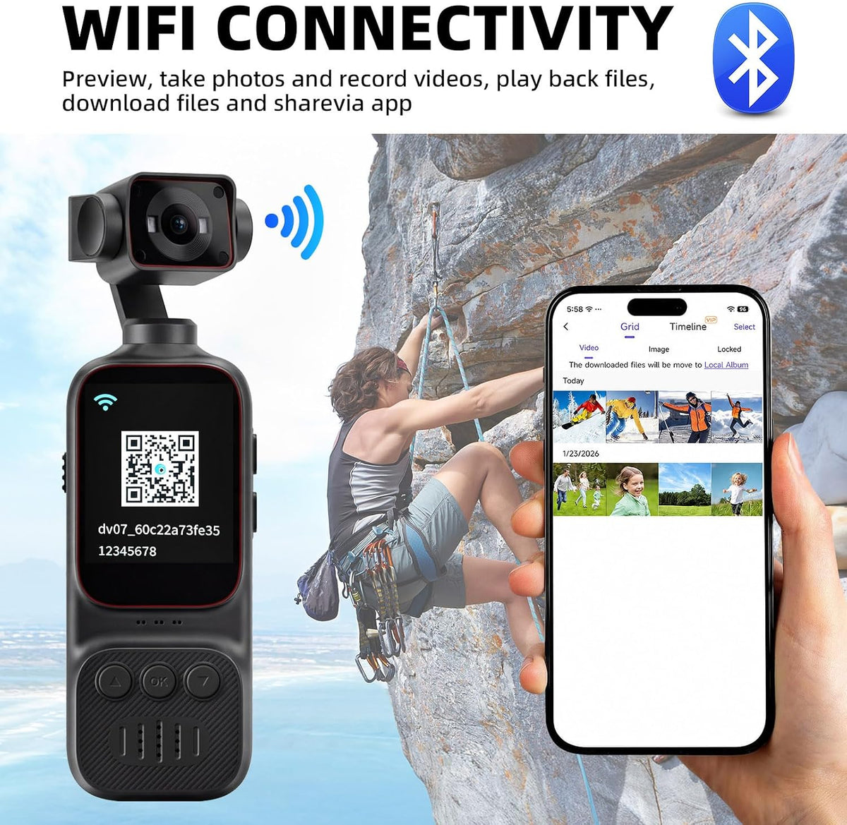 4K HD Pocket Handheld Camcorder, WiFi Enabled Action Camera with 12MP Photos, 170° Wide Angle Lens, 270° Rotating
