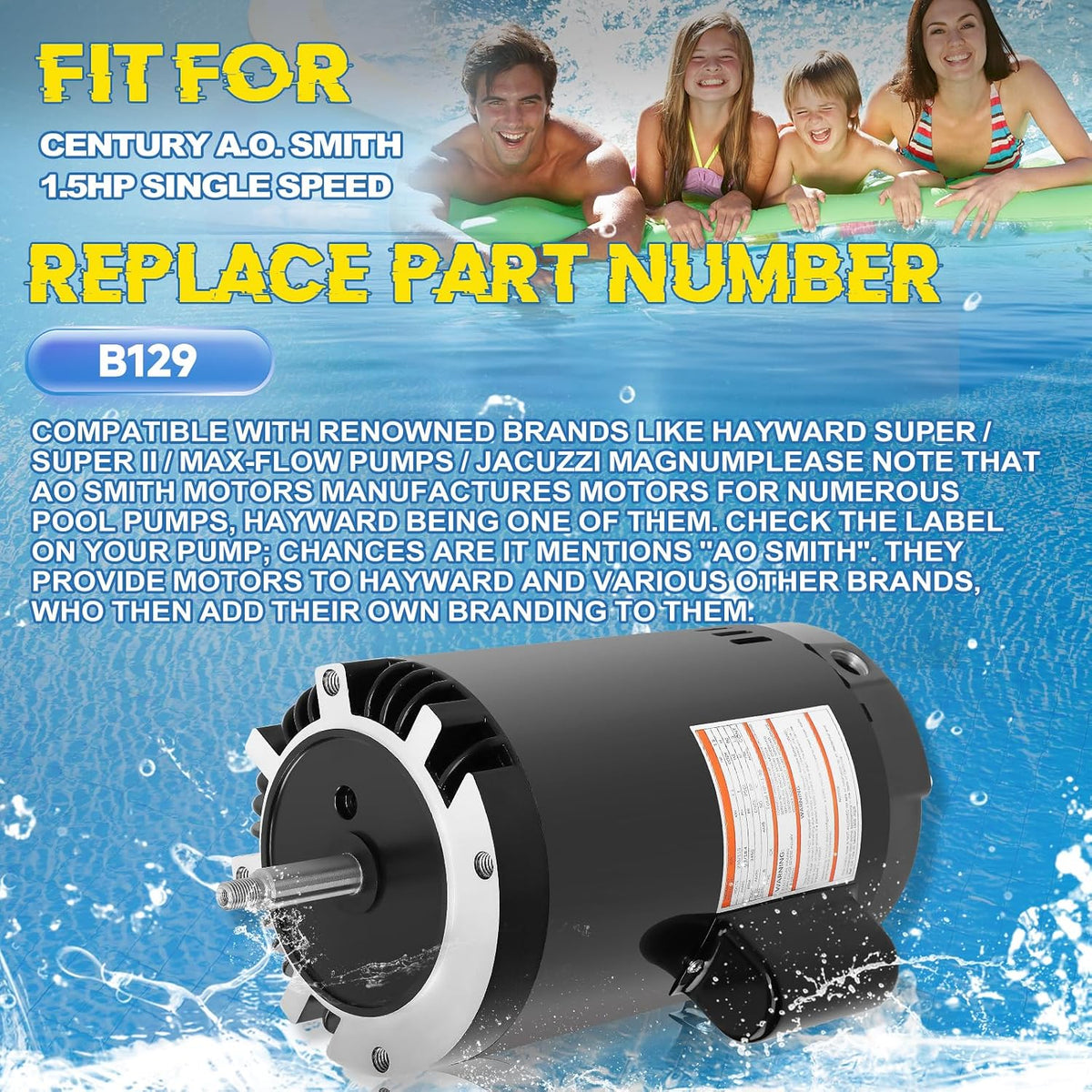 B129 Pool Pump Motor 1.5 HP 56J Frame Fit for Century A.O. Smith 1 Speed