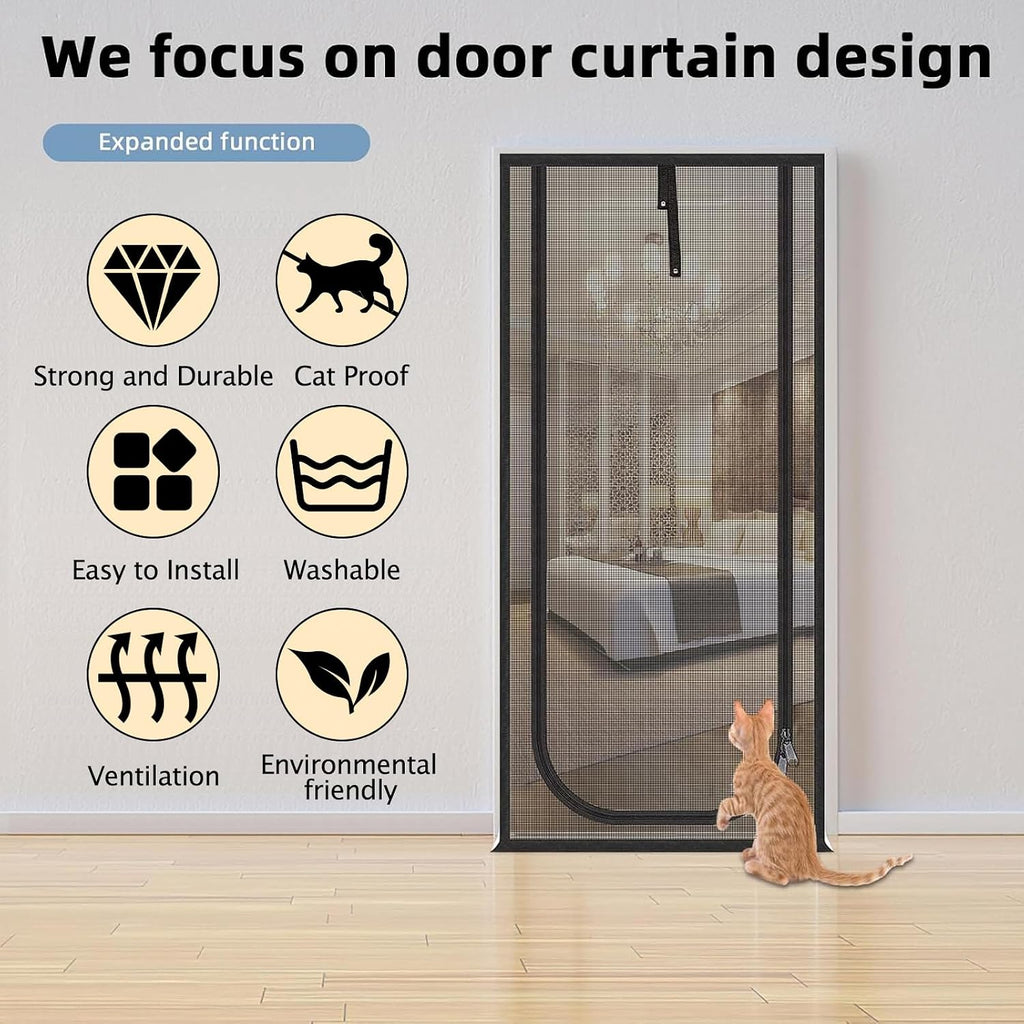 Reinforced Cat Screen Door,Fits Door Opening Size 32''x 80'',Thickened Cat Proof Mesh Screen Door with Zipper Closure