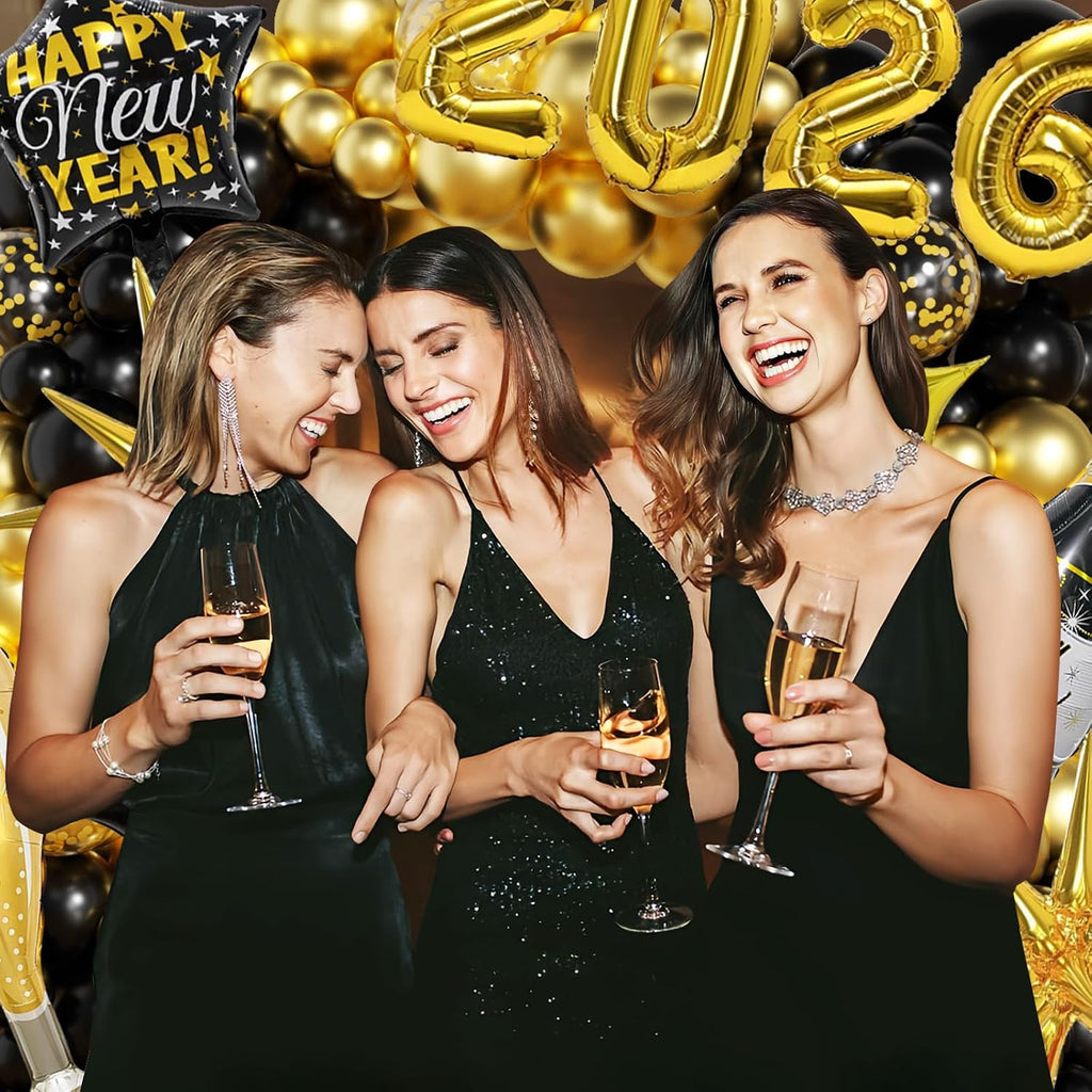New Years Decorations 2026 Eve Party Supplies with Glasses Hats Black Gold Confetti Balloons 2026 Number Balloons New
