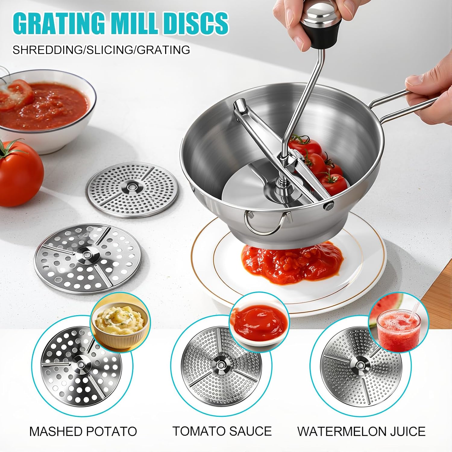 Stainless Steel Food Mill with 3 Grinding Discs - Rotary Hand Crank for Tomato Sauce, Mashed Potatoes, Applesauce