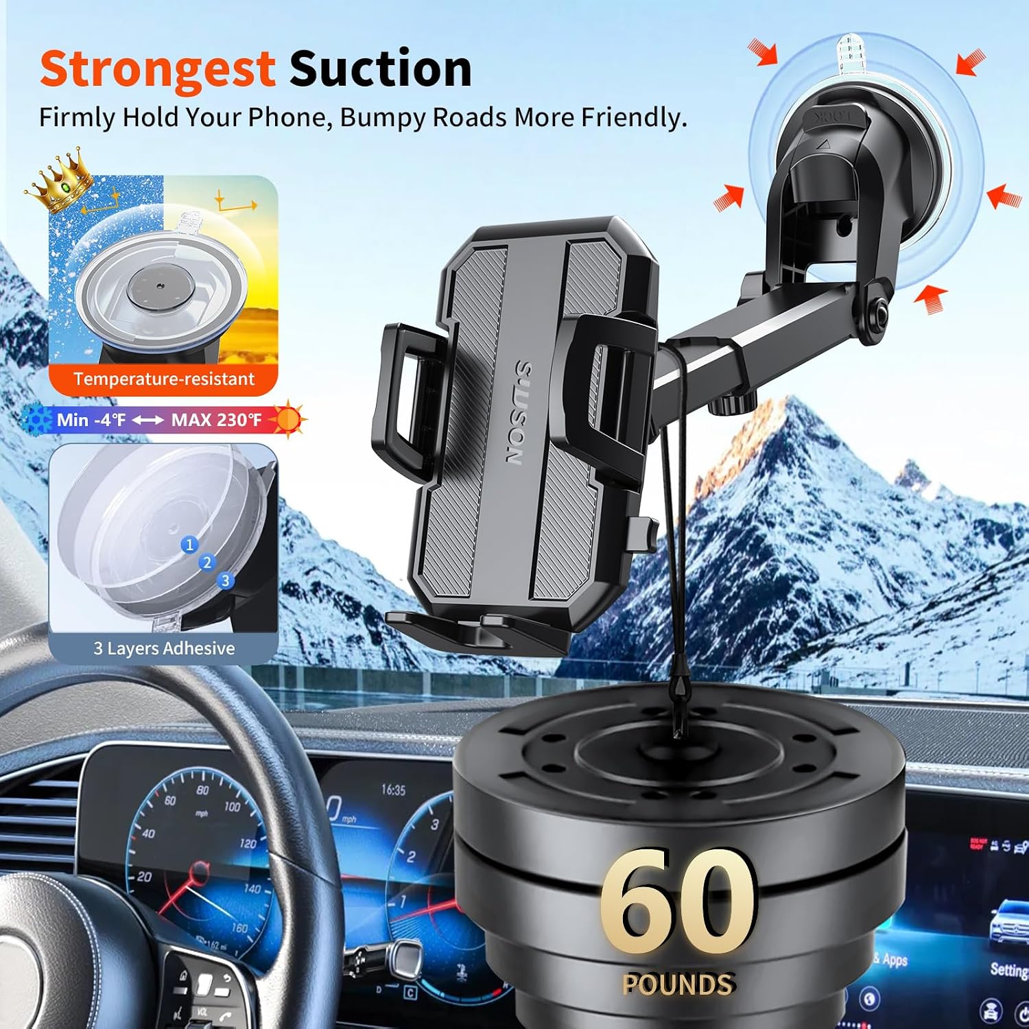 Upgraded 3-in-1 Car Phone Holder Mount [Powerful Suction] Phone Mount for Car Dashboard Air Vent Windshield,for All