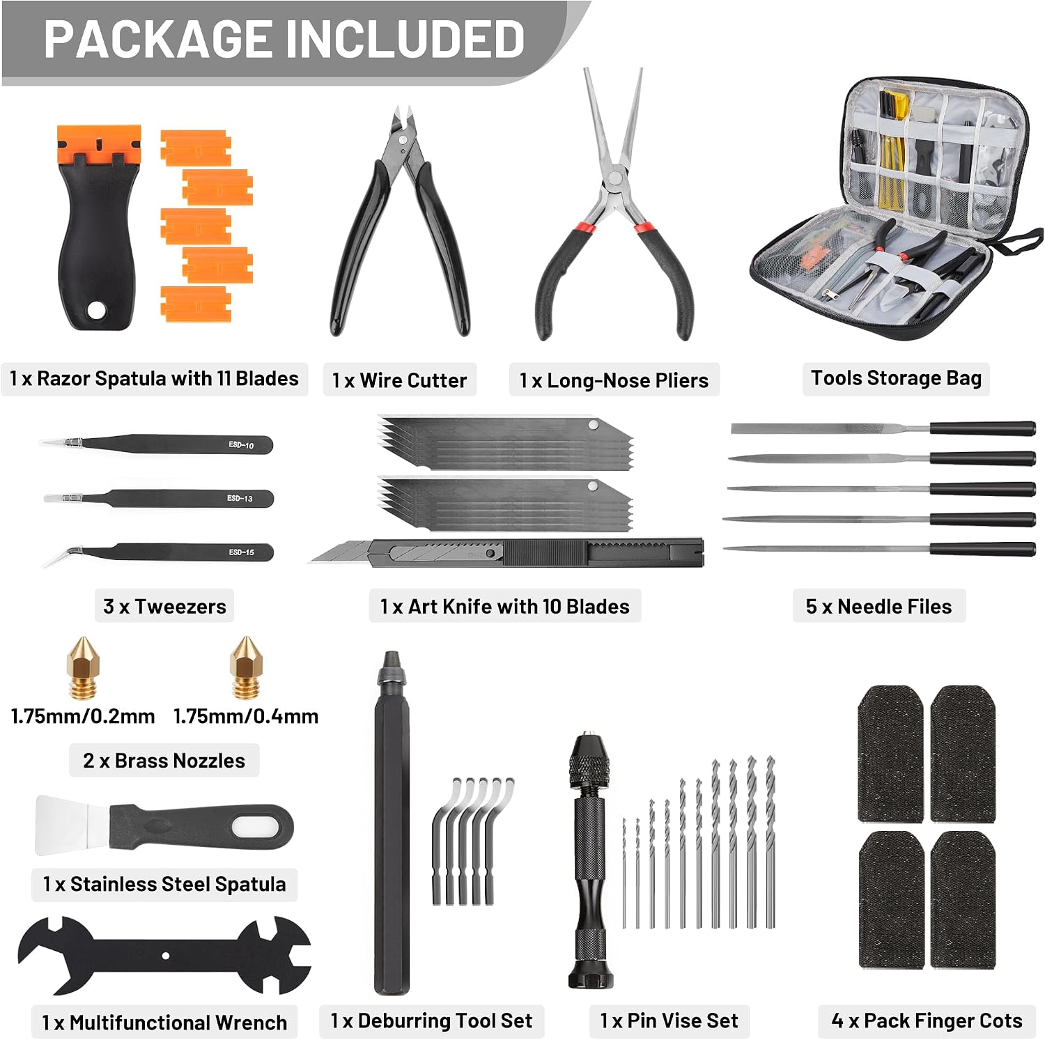 3D Printing Tool Set, 58Pcs 3D Printer Accessories with Deburring Tools, Removal Scrapers, Blades, Pliers, Wrenches