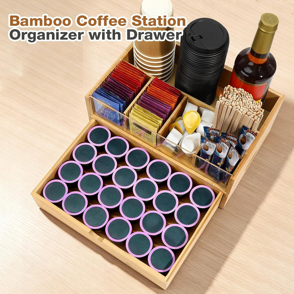 Bamboo Coffee Station Organizer with Drawer for Countertop