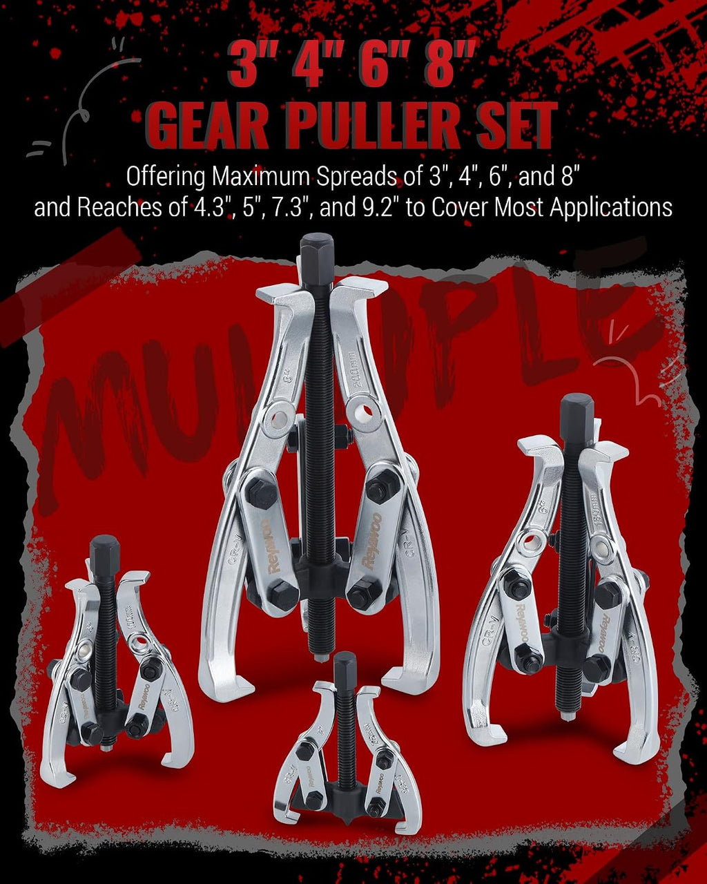 Gear Puller Set, 3" 4" 6" 8" Bearing Puller Kit for Pulley Gear Bearing Flywheel Removal, Cr-V Steel 2 Jaw & 3 Jaw