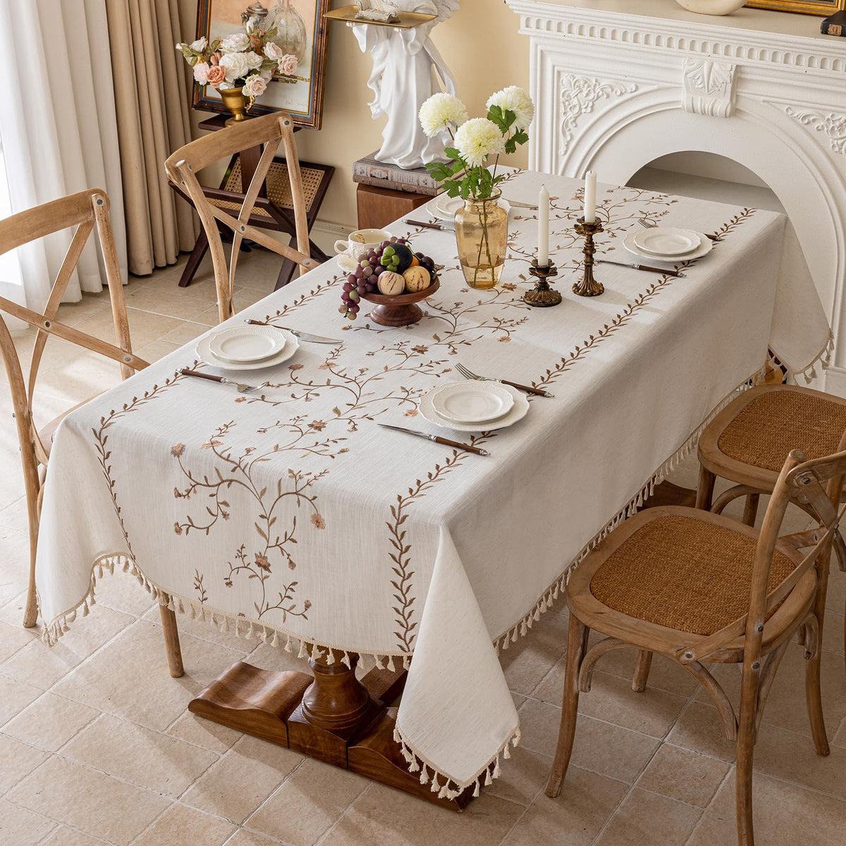 Linen Waterproof Tablecloth with Tassels, Rustic Farmhouse Flowers Embroidery Table Cloths for Rectangle Tables