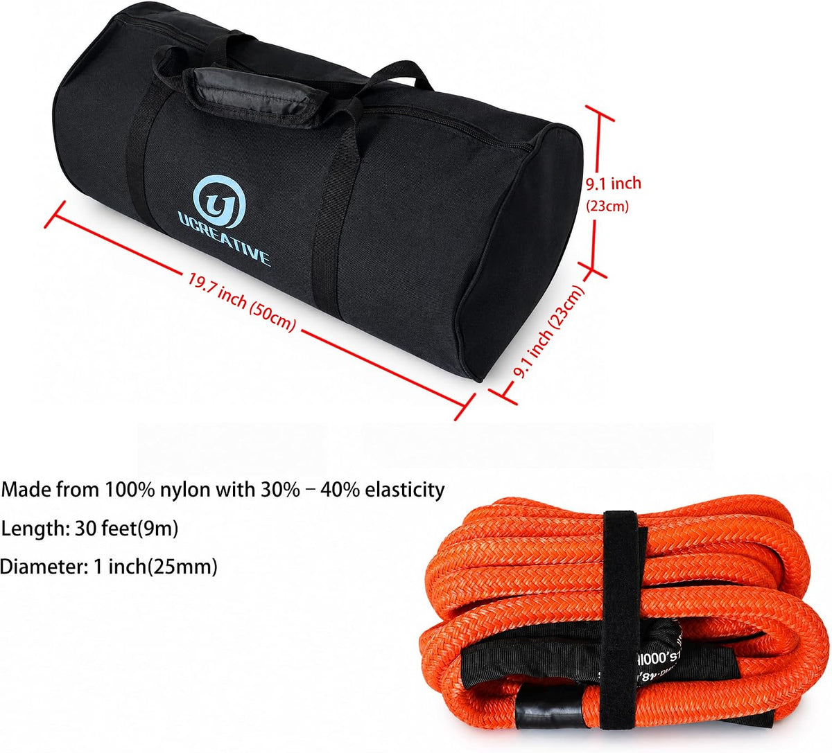 1" x 30' Kinetic Rope & 2PCS Synthetic Soft Shackles Kit Orange