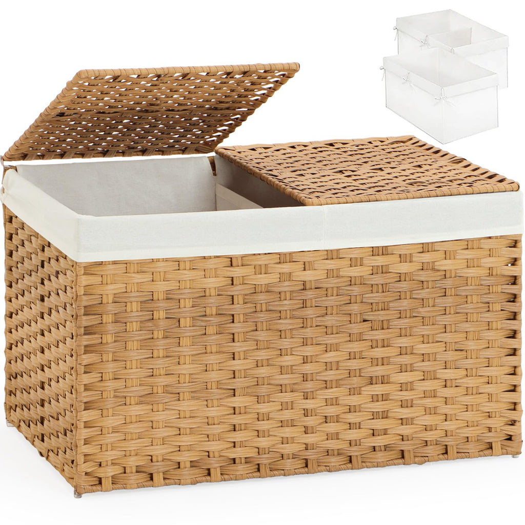 Storage Basket with Lid, 2-Lid PE Rattan Storage Bin, Natural