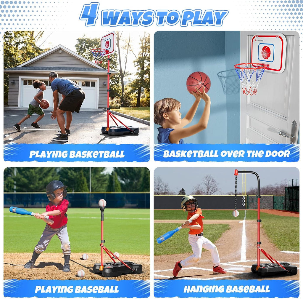 2 in 1 Kids Basketball Hoop and T Ball Set | Adjustable Basketball Stand,Hanging Tee Baseball for Toddlers Boys Girls