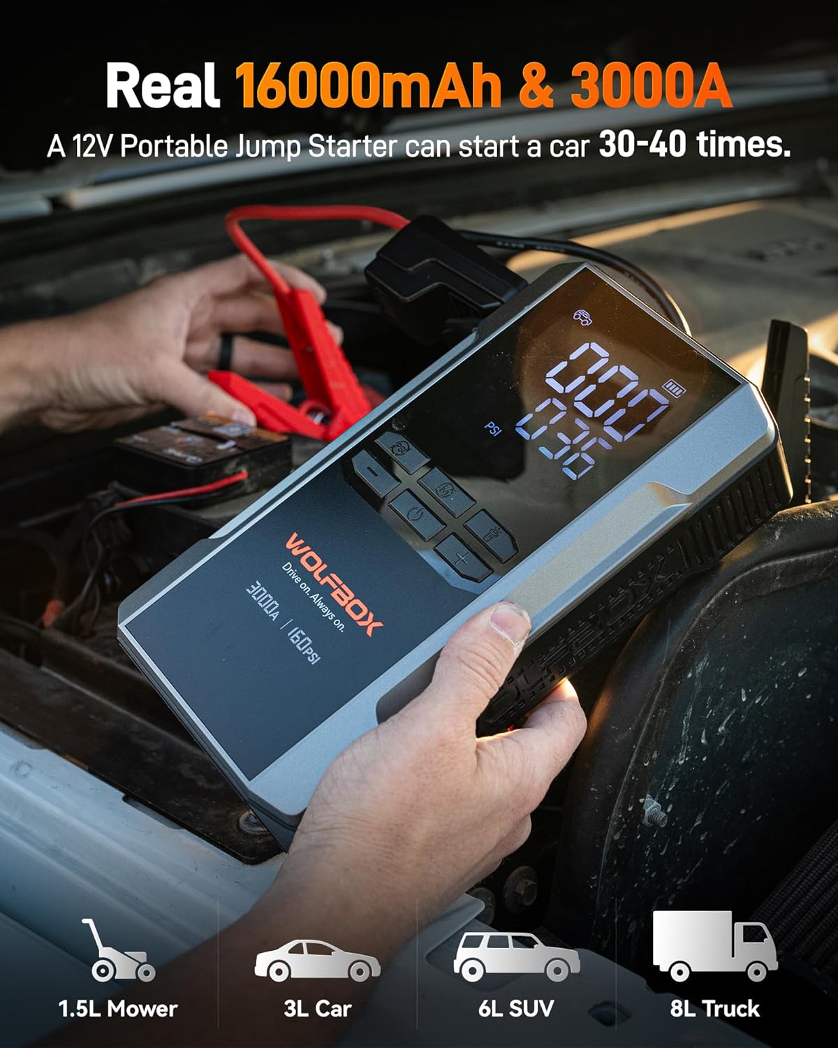 3000A Jump Starter with Air Compressor, 59.2Wh&160PSI Portable Car Battery Jump Starter with 65W Fast Charging, 12V