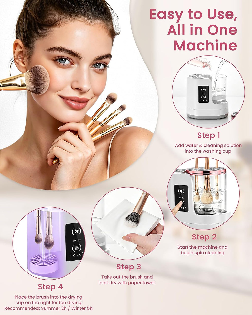 3-in-1 Electric Makeup Brush Cleaner Machine with Automatic Cleaning and Drying Holder, USB Powered Cosmetic Brush