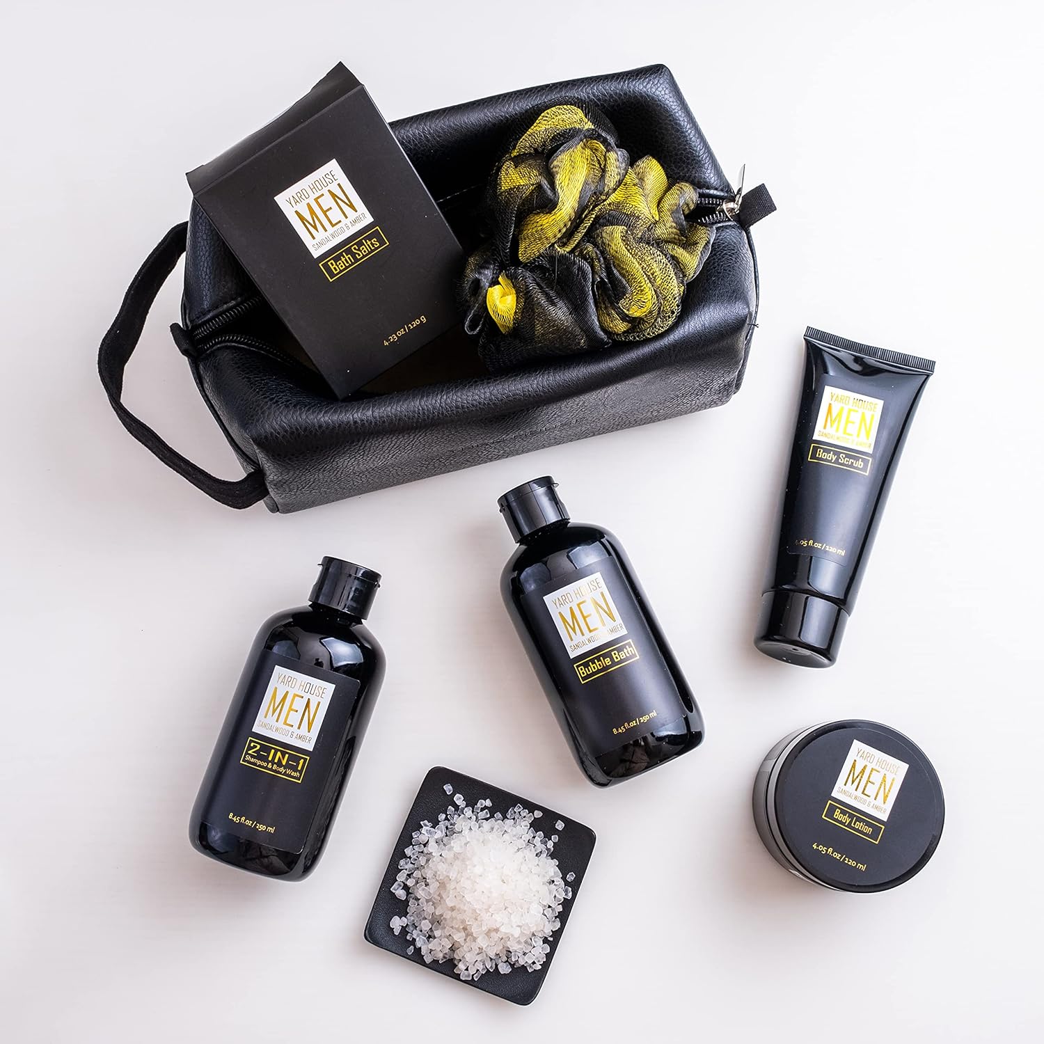 Bath and Body Spa Gift Baskets Set for Men - Sandalwood Amber - 7Pc Full Size Spa Kit in Toiletry Bag - Fathers Day