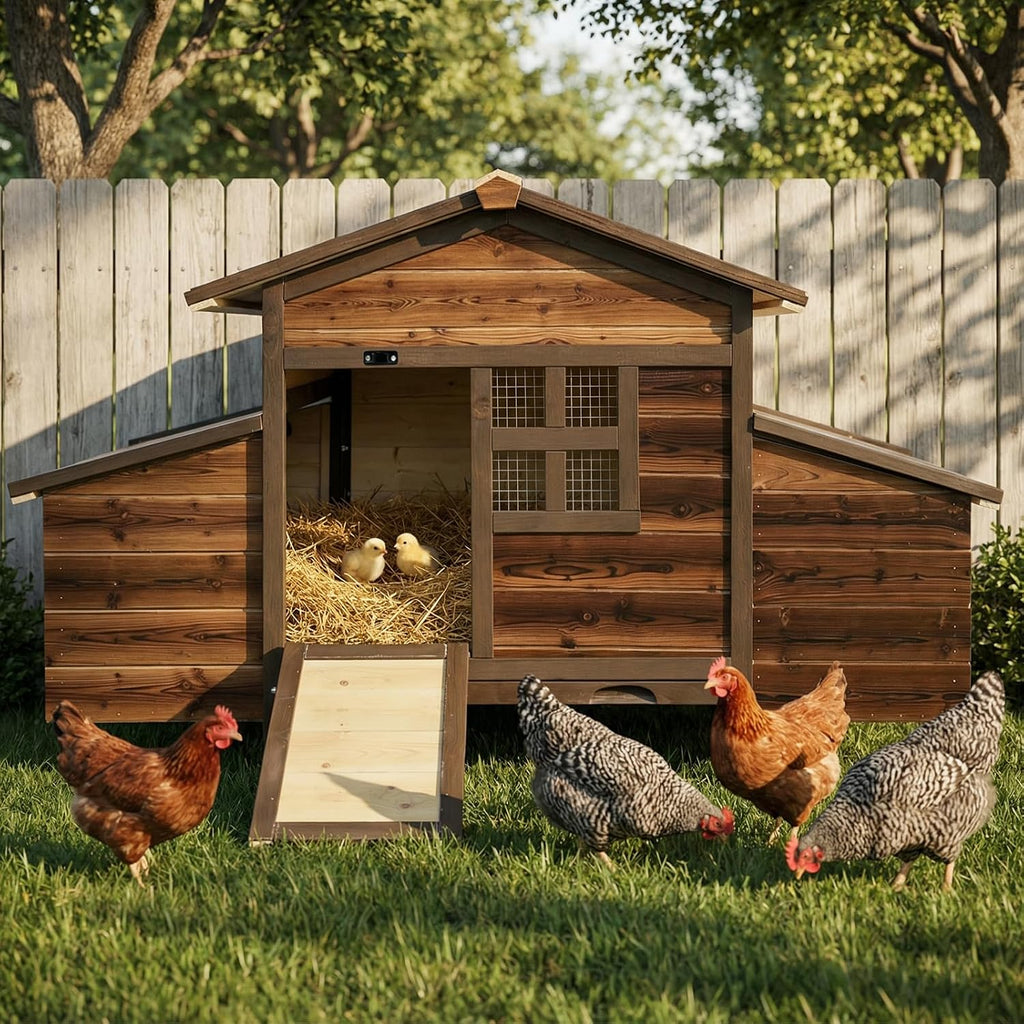 Wooden Chicken Coop, Large Outdoor Hen House with Nesting Boxes, Brown