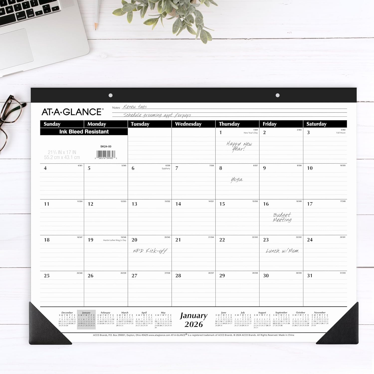 2026 Desk Calendar, Monthly, Desk Pad, 21-3/4" x 17", Large, Ruled Blocks (SK240026), White