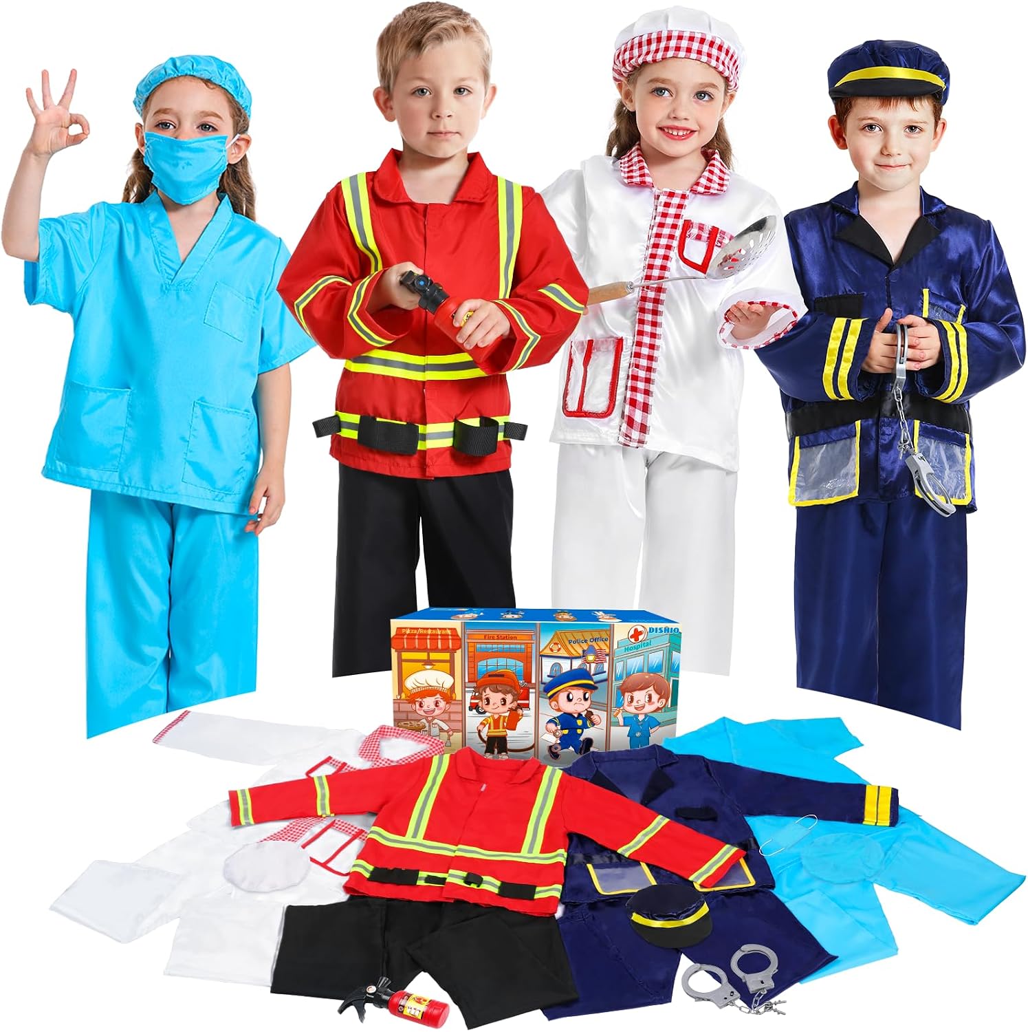 Dress Up Clothes for Kids Pretend Role Play Costumes Trunk | Toddlers Dress Up Costumes with Fireman Police Doctor
