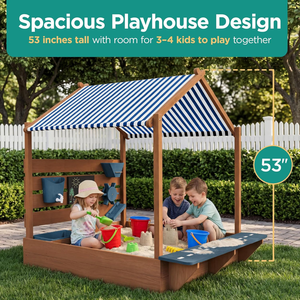 Best Choice Products Sandbox with Canopy, Extra Large Wooden Kids Sand Box, Water Table & Sink, Chalkboard, Bench