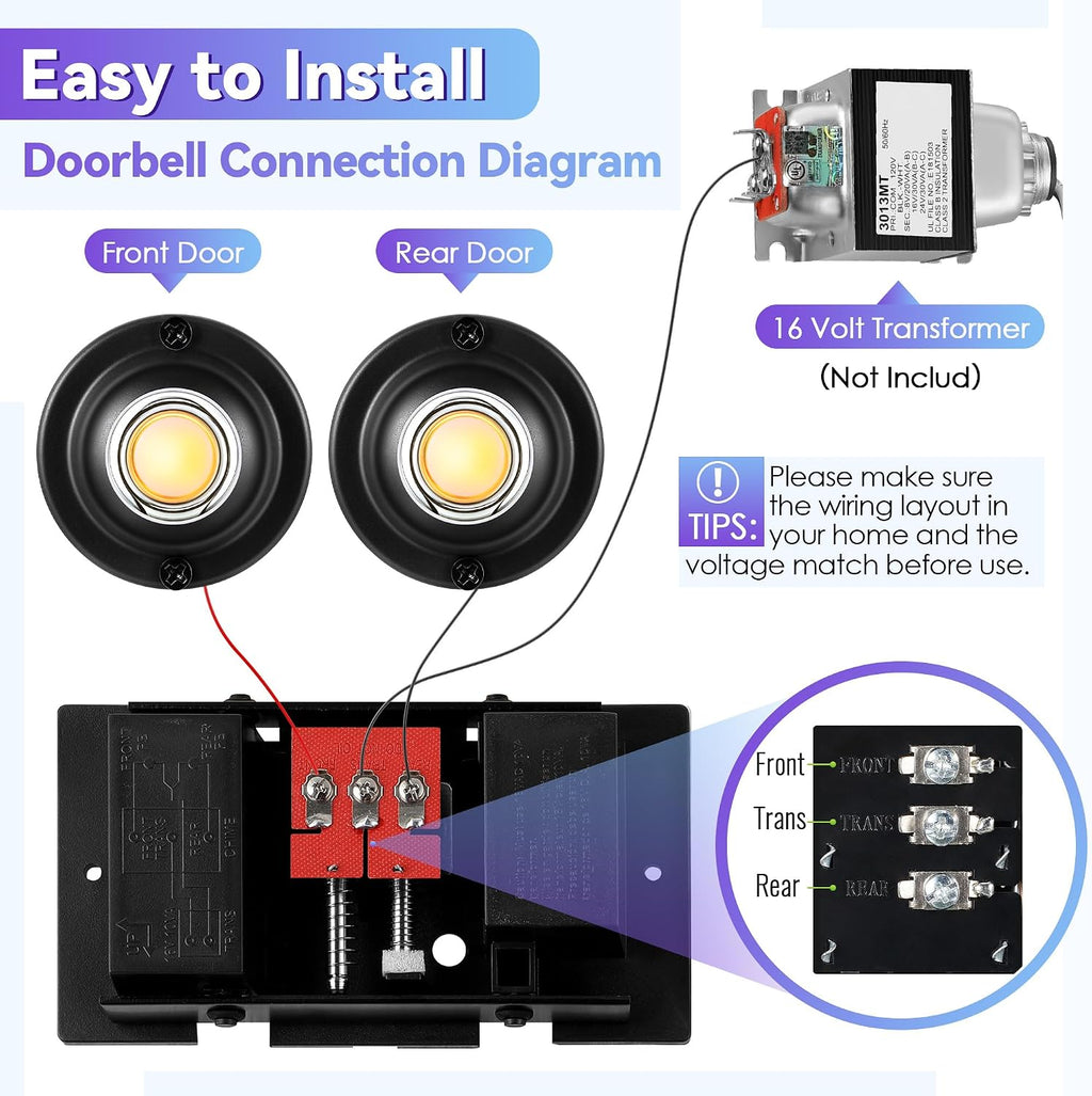 Wired Doorbell Chime Kit, 2 Pack Black Round Metal Doorbell Buttons with Chime Box for Front and Rear Doors, 2 Sounds