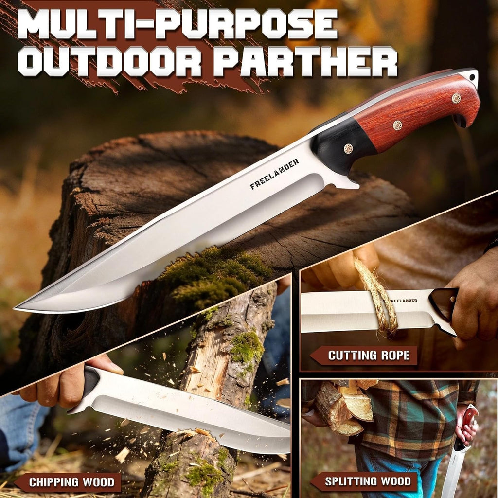 Hunting Knife with Leather Sheath, Full Tang Fixed Blade Knife | Survival Knife with Wood Handle for Outdoor