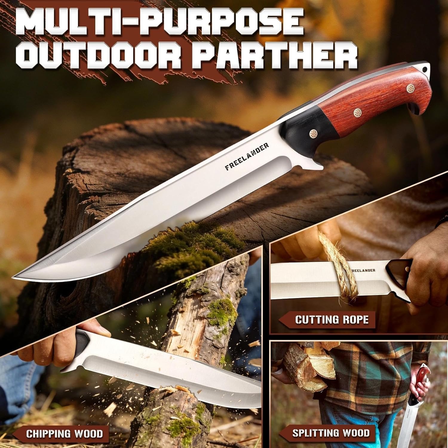 Hunting Knife with Leather Sheath, Full Tang Fixed Blade Knife | Survival Knife with Wood Handle for Outdoor
