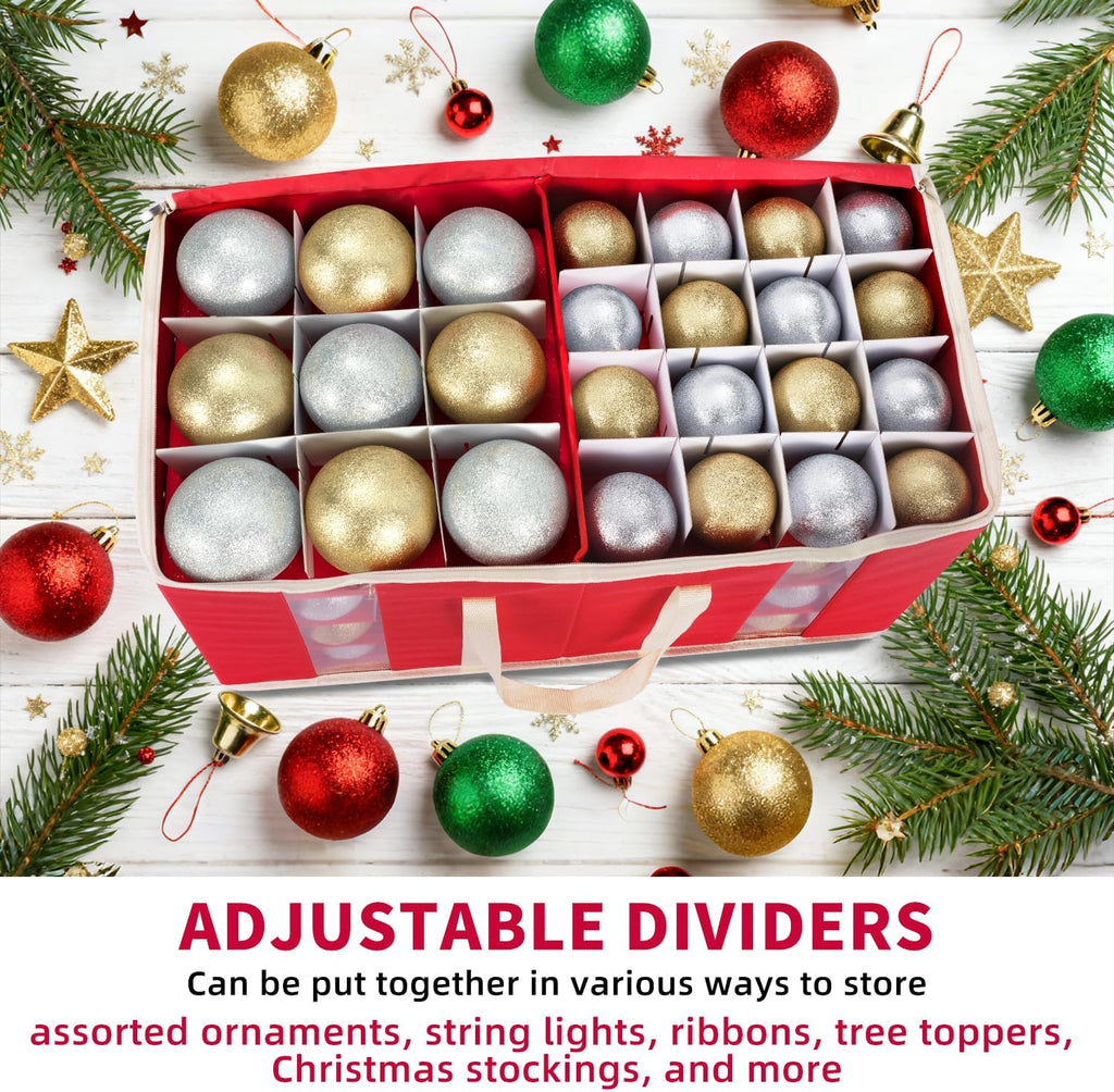 Large Christmas Ornament Storage Box With Adjustable Dividers,Ornament Storage Container with Two Handlesfor 128